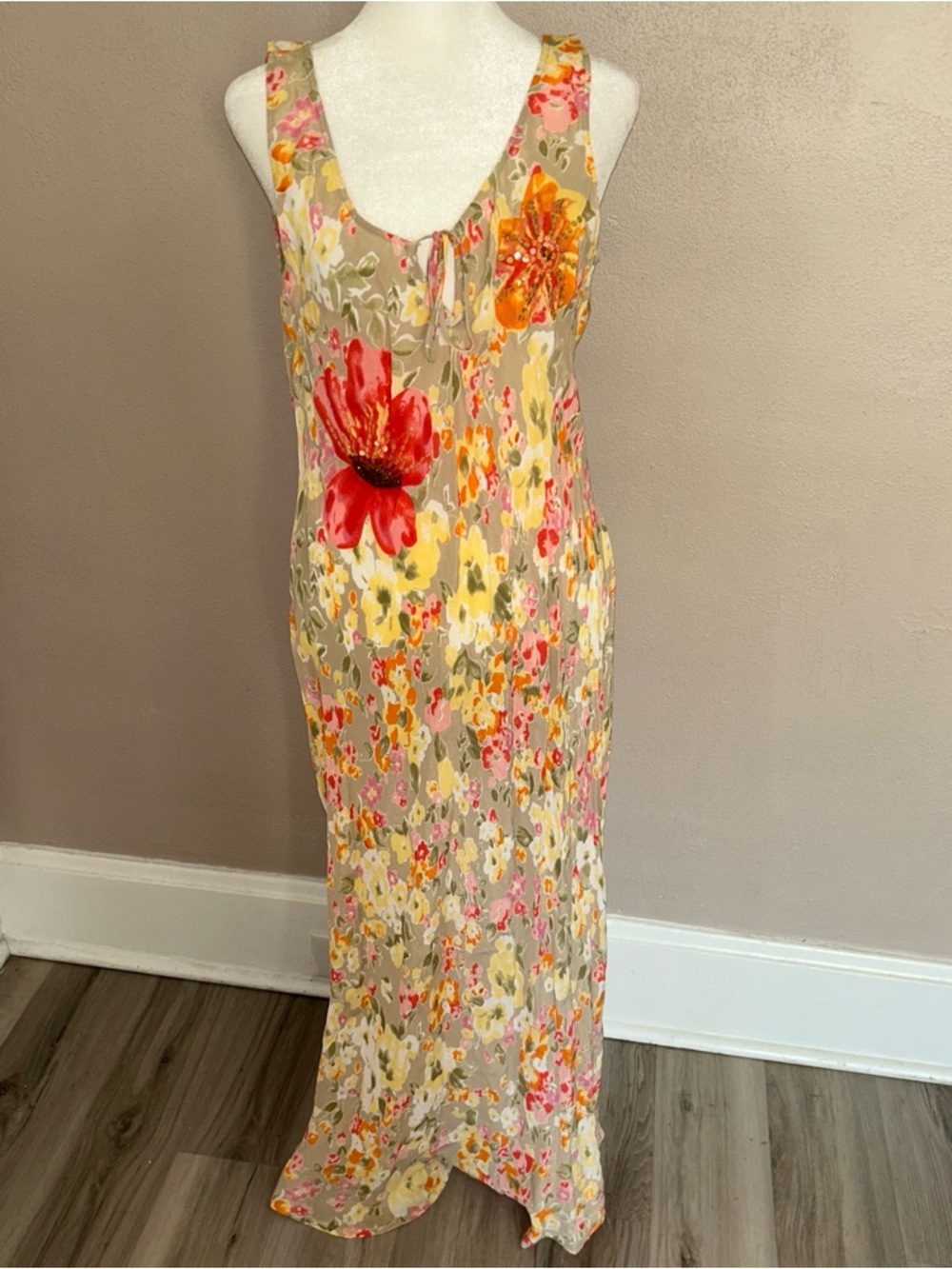 Together y2k Floral Tie-Front Midi Dress in Beige with Coral and Yellow Blooms